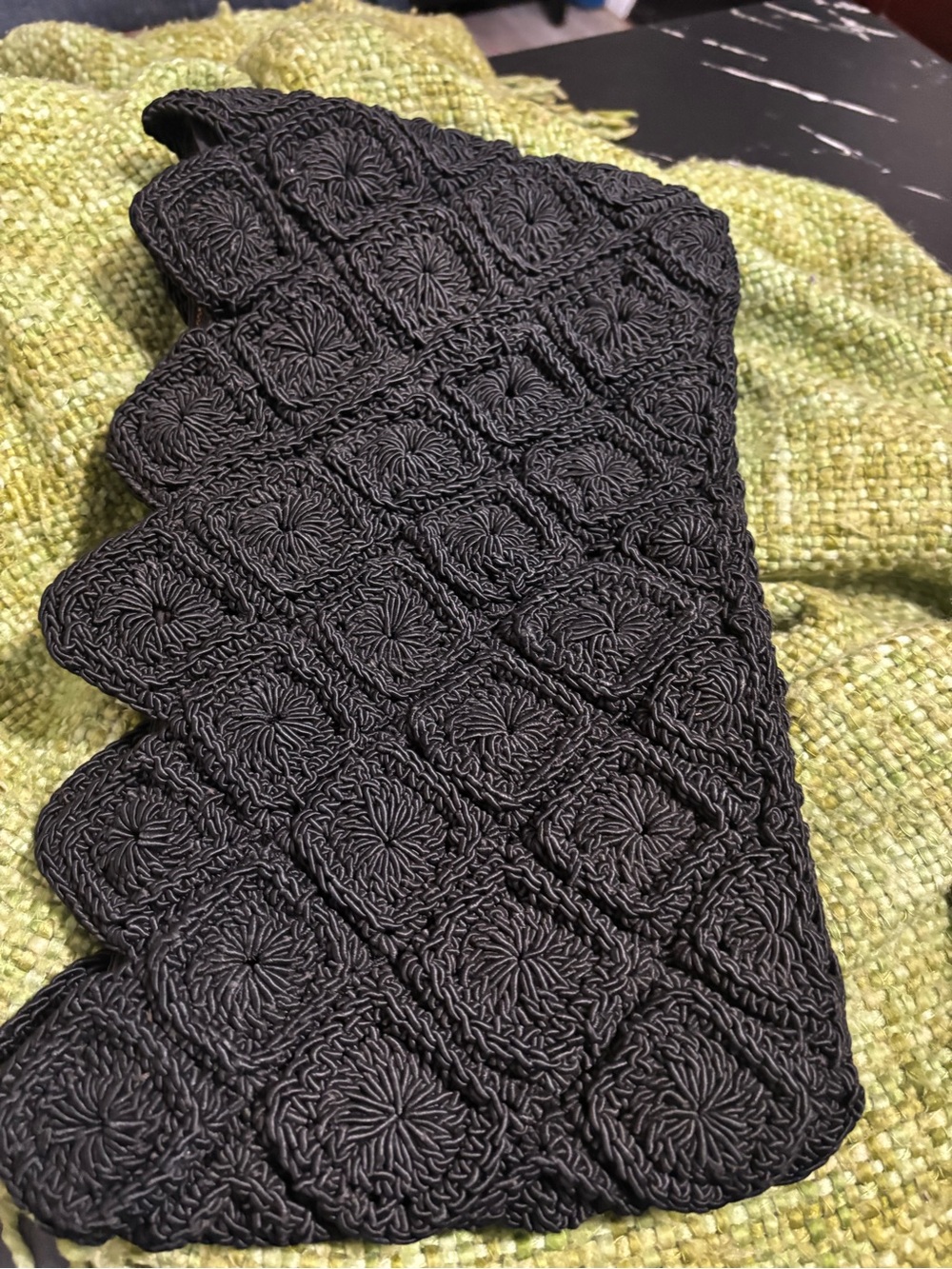 Vintage Black Corde Clutch featuring an intricate textured square motif